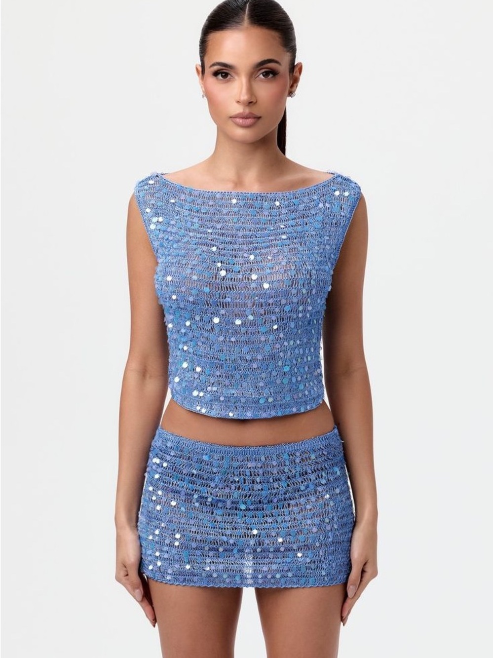 NWT Naked Wardrobe Sz XL Blue Sequin Crocheted Boat Neck See Through Crop Top